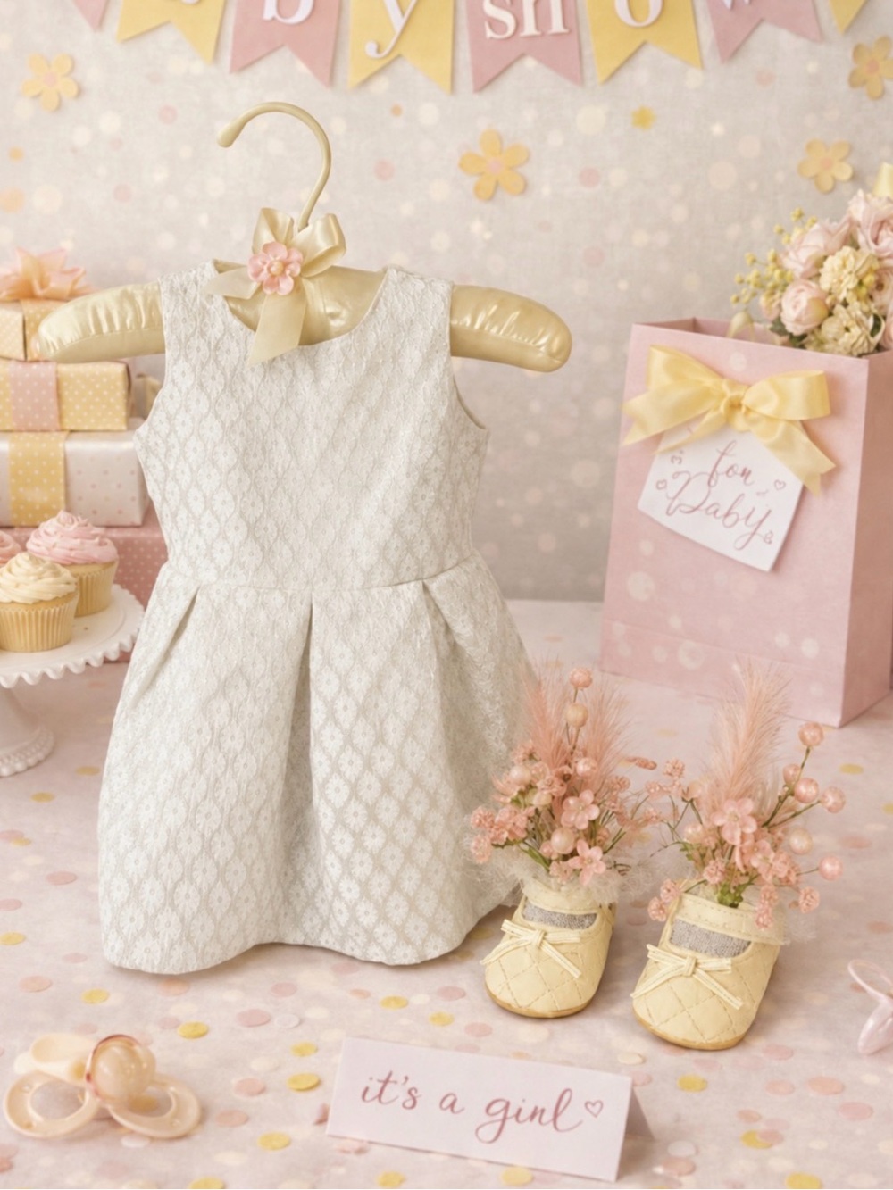 Ivory Textured Baby Dress Centerpiece with Floral Shoes – Baby Shower Dec
